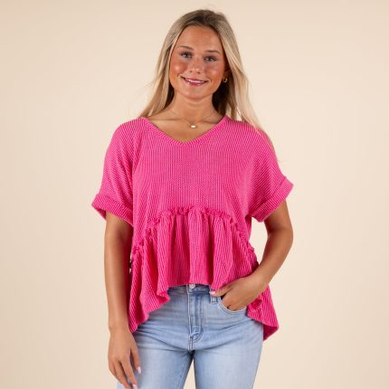 Short Sleeve Ribbed V-Neck Babydoll Top in Hot Pink
