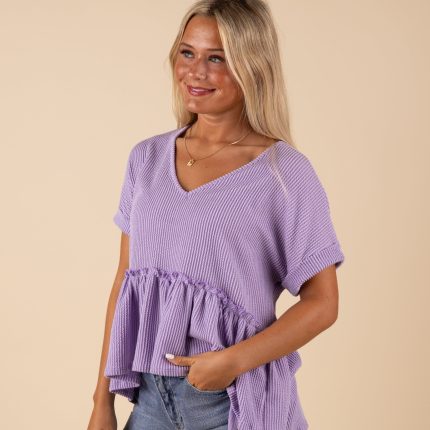 Short Sleeve Ribbed V-Neck Babydoll Top